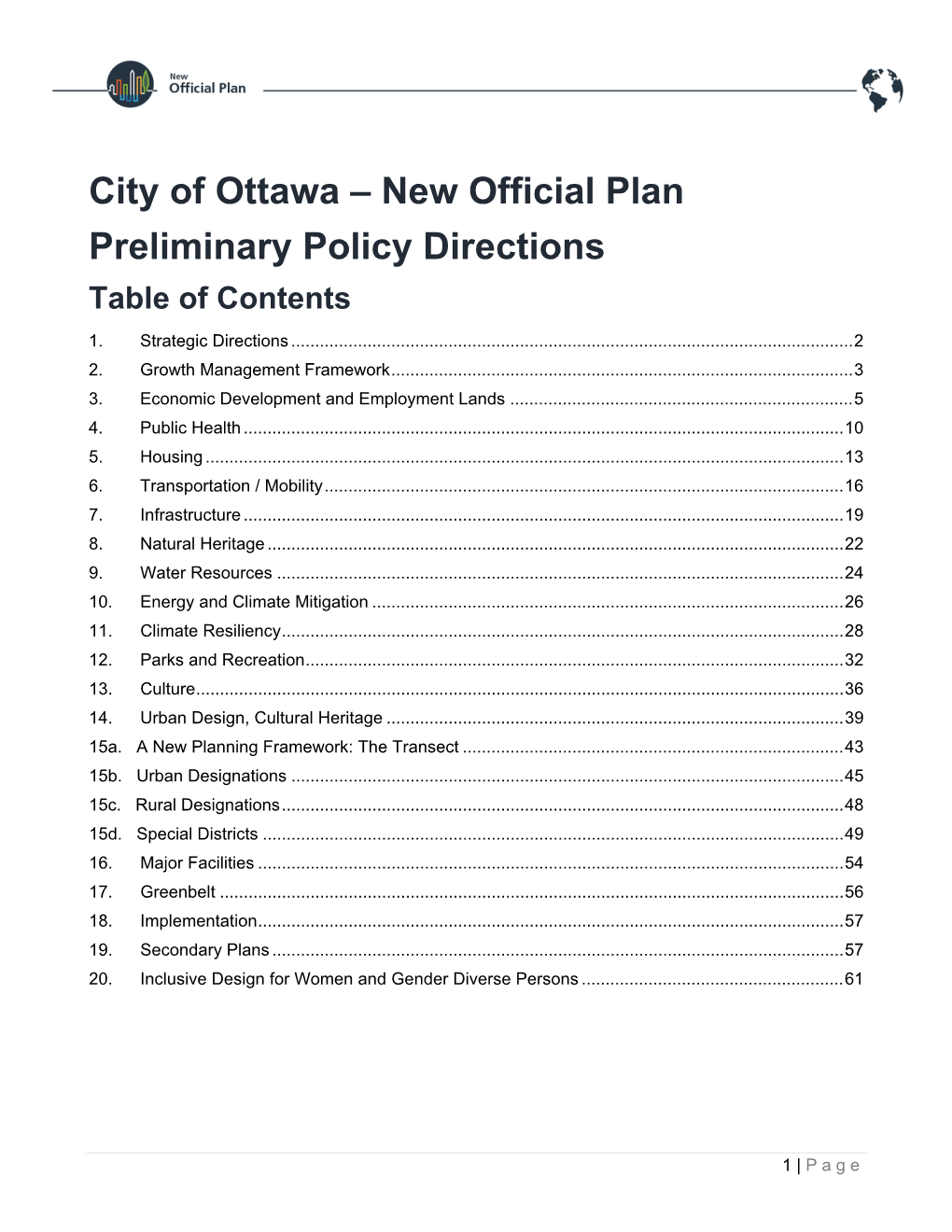 City of Ottawa – New Official Plan Preliminary Policy Directions Table of Contents 1