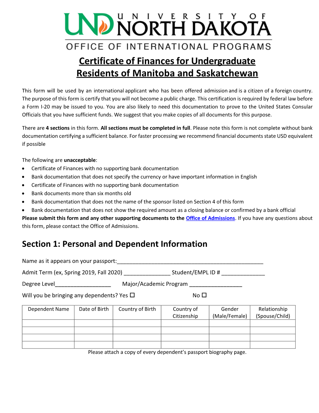 Certificate of Finances for Undergraduate Residents of Manitoba and Saskatchewan