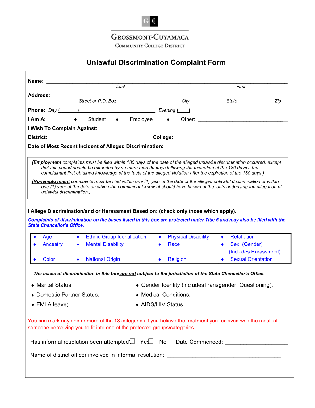 Unlawful Discrimination Complaint Form