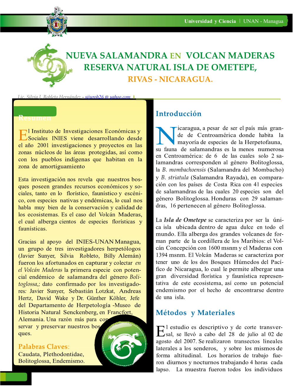 Nueva Salamandra En Volcan Maderas Reserva Natural Isla De Ometepe, Rivas - Nicaragua