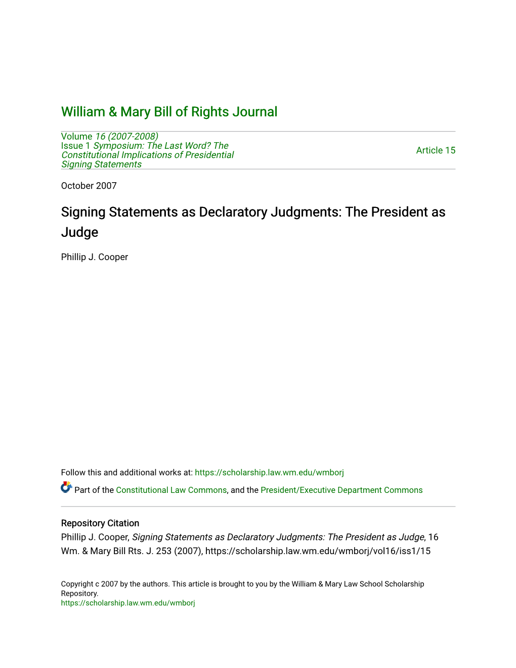 Signing Statements As Declaratory Judgments: the President As Judge