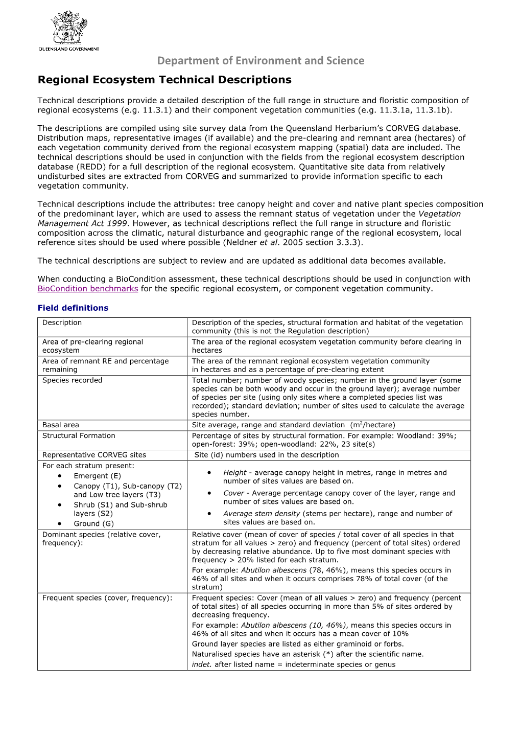 Regional Ecosystem Technical Descriptions