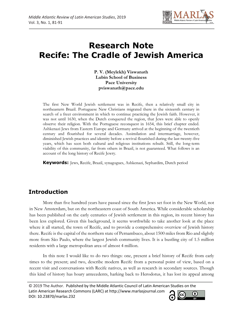 Research Note Recife: the Cradle of Jewish America