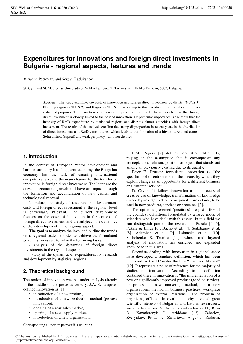 Expenditures for Innovations and Foreign Direct Investments in Bulgaria - Regional Aspects, Features and Trends