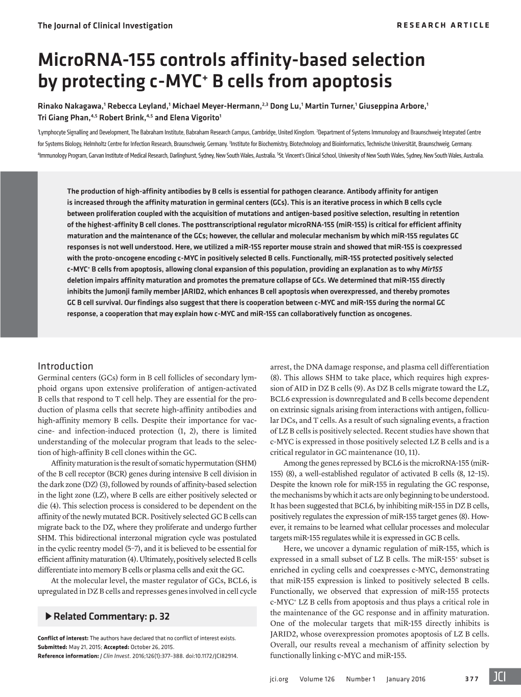 Microrna-155 Controls Affinity-Based Selection by Protecting C-MYC+ B Cells from Apoptosis