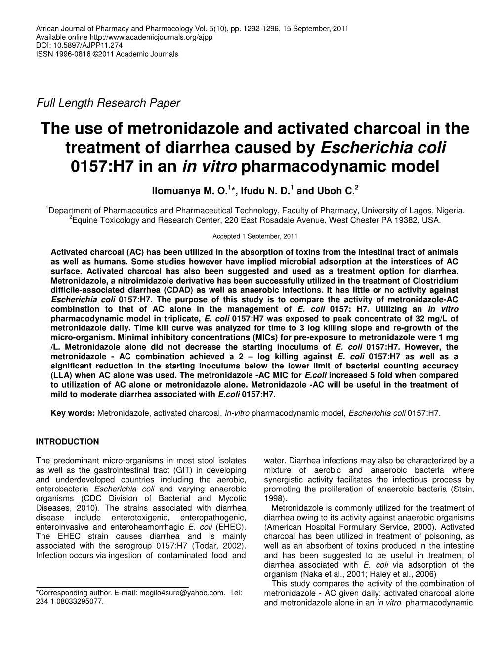 The Use of Metronidazole and Activated Charcoal in the Treatment of Diarrhea Caused by Escherichia Coli 0157:H7 in an in Vitro Pharmacodynamic Model