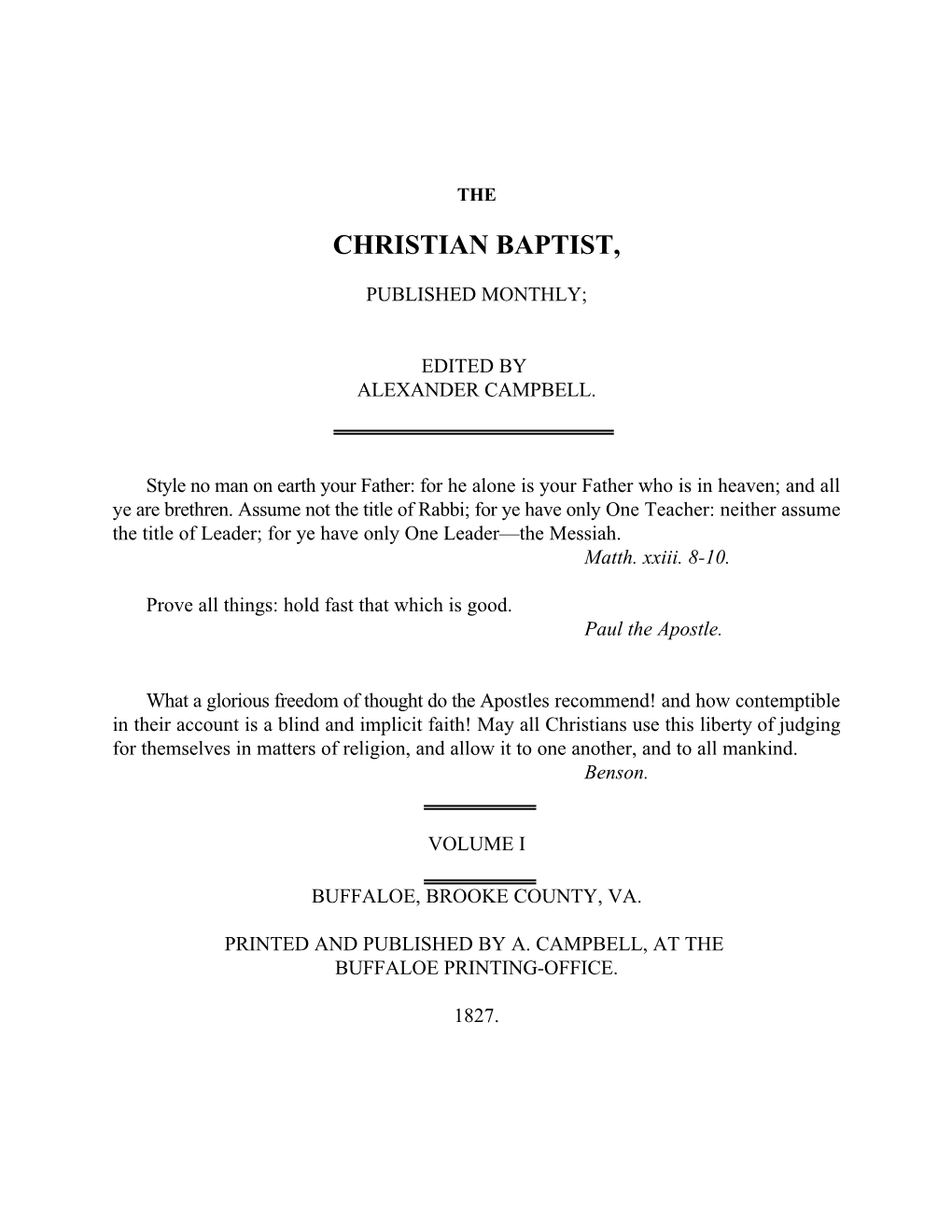 The Christian Baptist, Volume 1