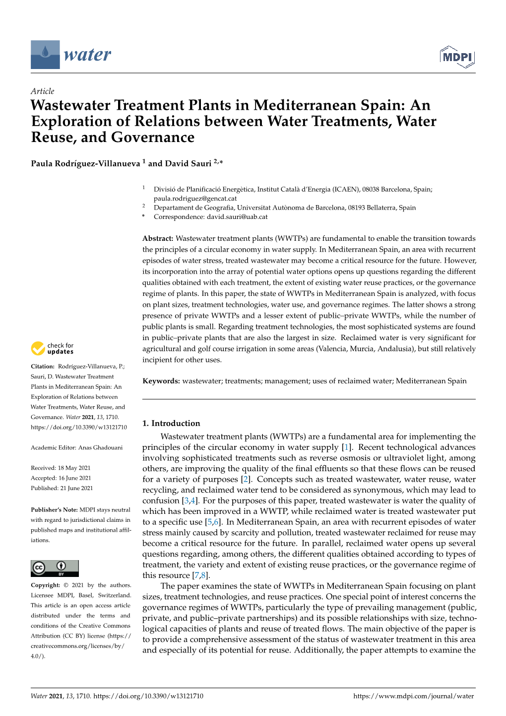 Wastewater Treatment Plants in Mediterranean Spain: an Exploration of Relations Between Water Treatments, Water Reuse, and Governance