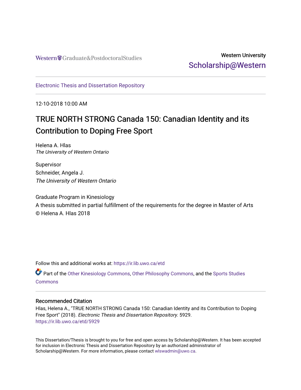 Canadian Identity and Its Contribution to Doping Free Sport