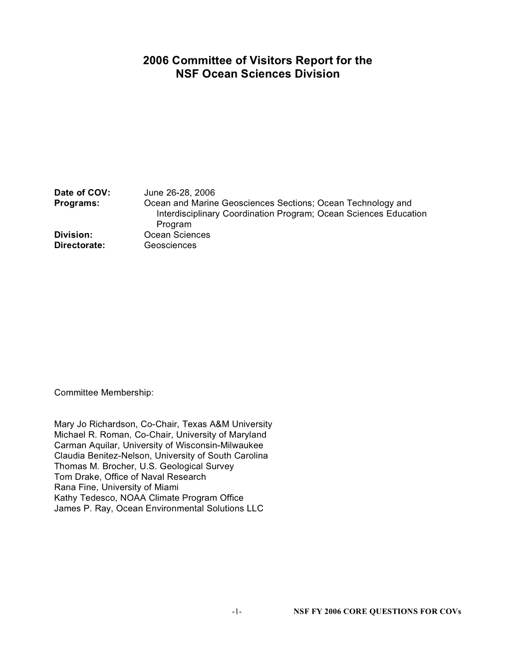 2006 Committee of Visitors Report for the NSF Ocean Sciences Division