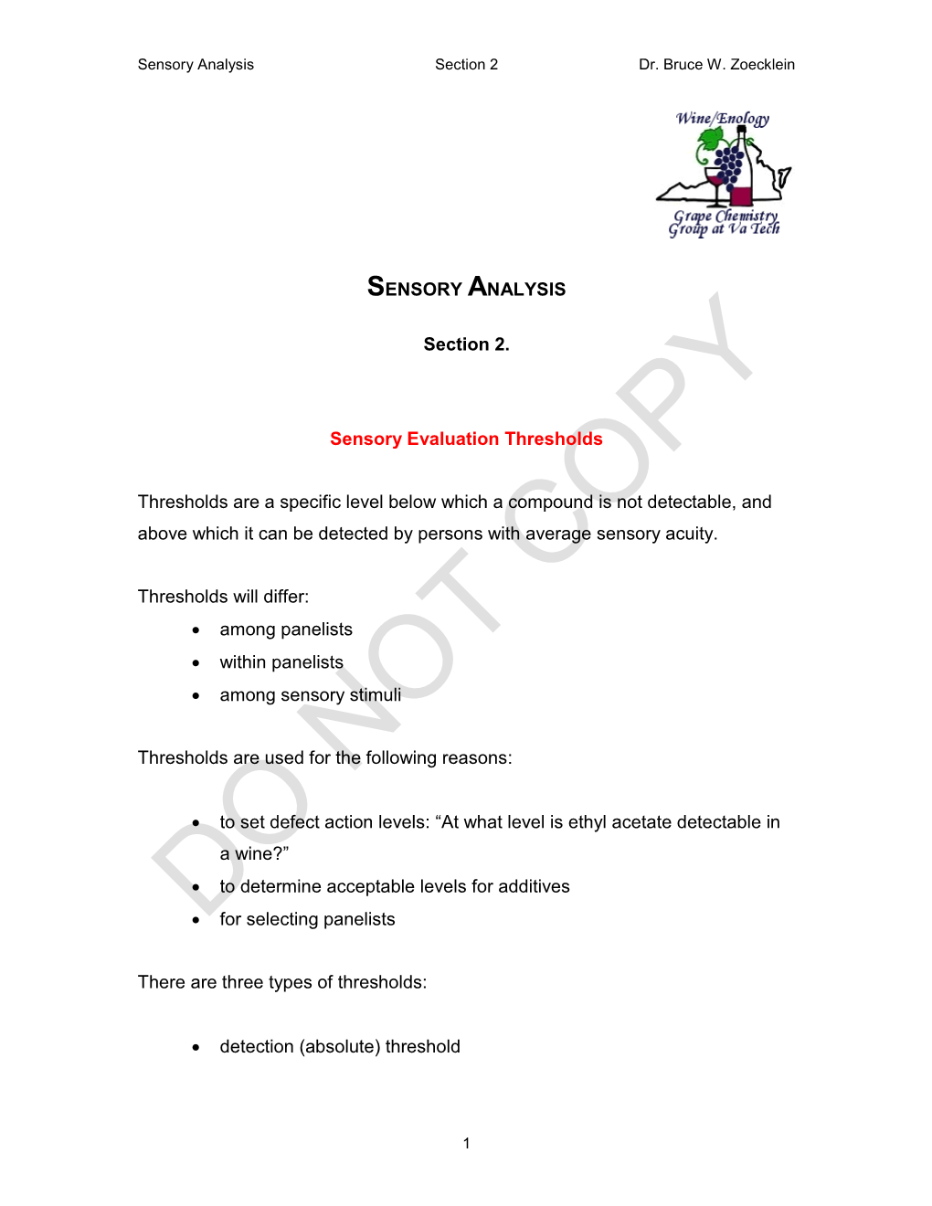 SENSORY ANALYSIS Section 2. Sensory Evaluation Thresholds