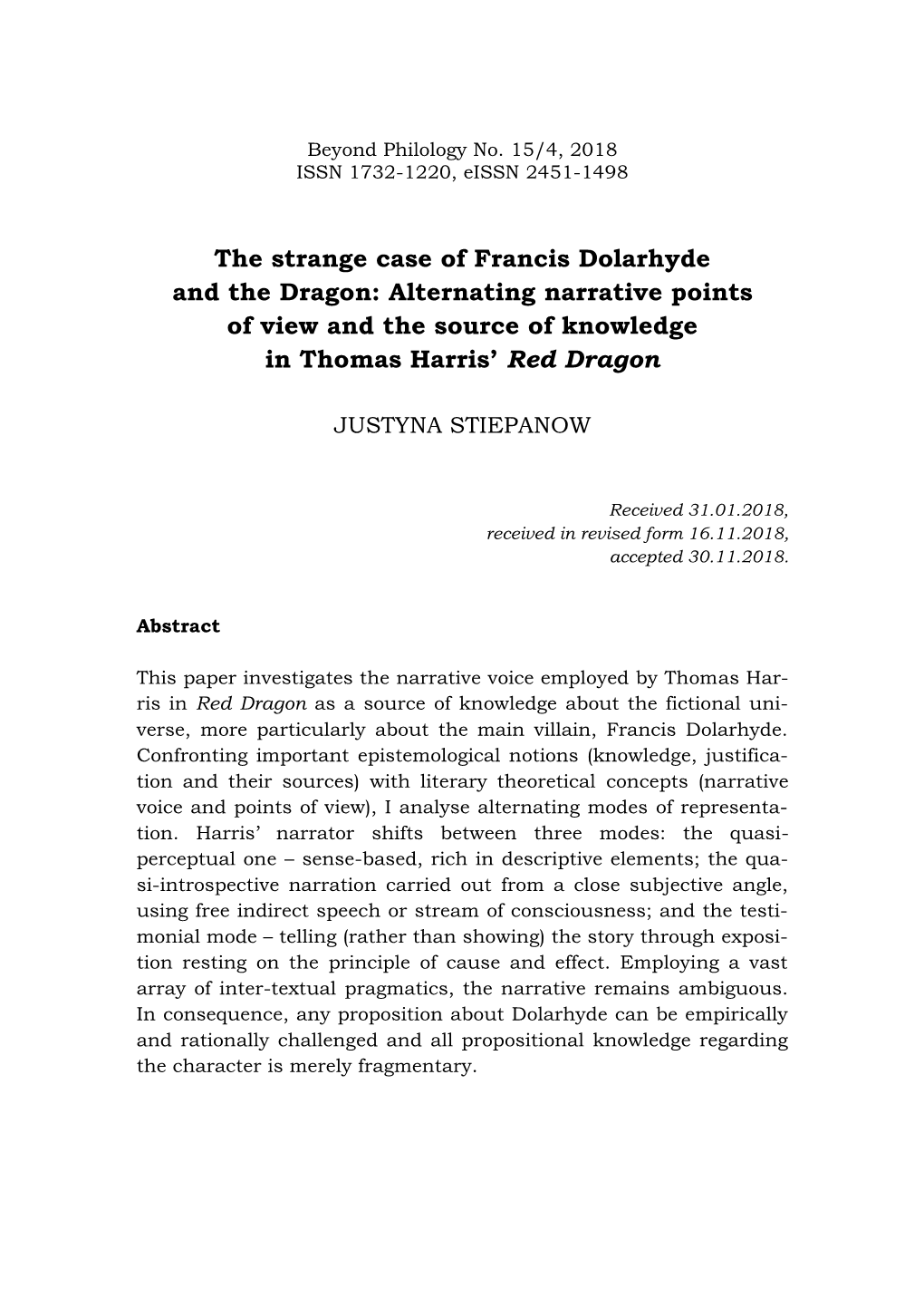 The Strange Case of Francis Dolarhyde and the Dragon: Alternating Narrative Points of View and the Source of Knowledge in Thomas Harris’ Red Dragon