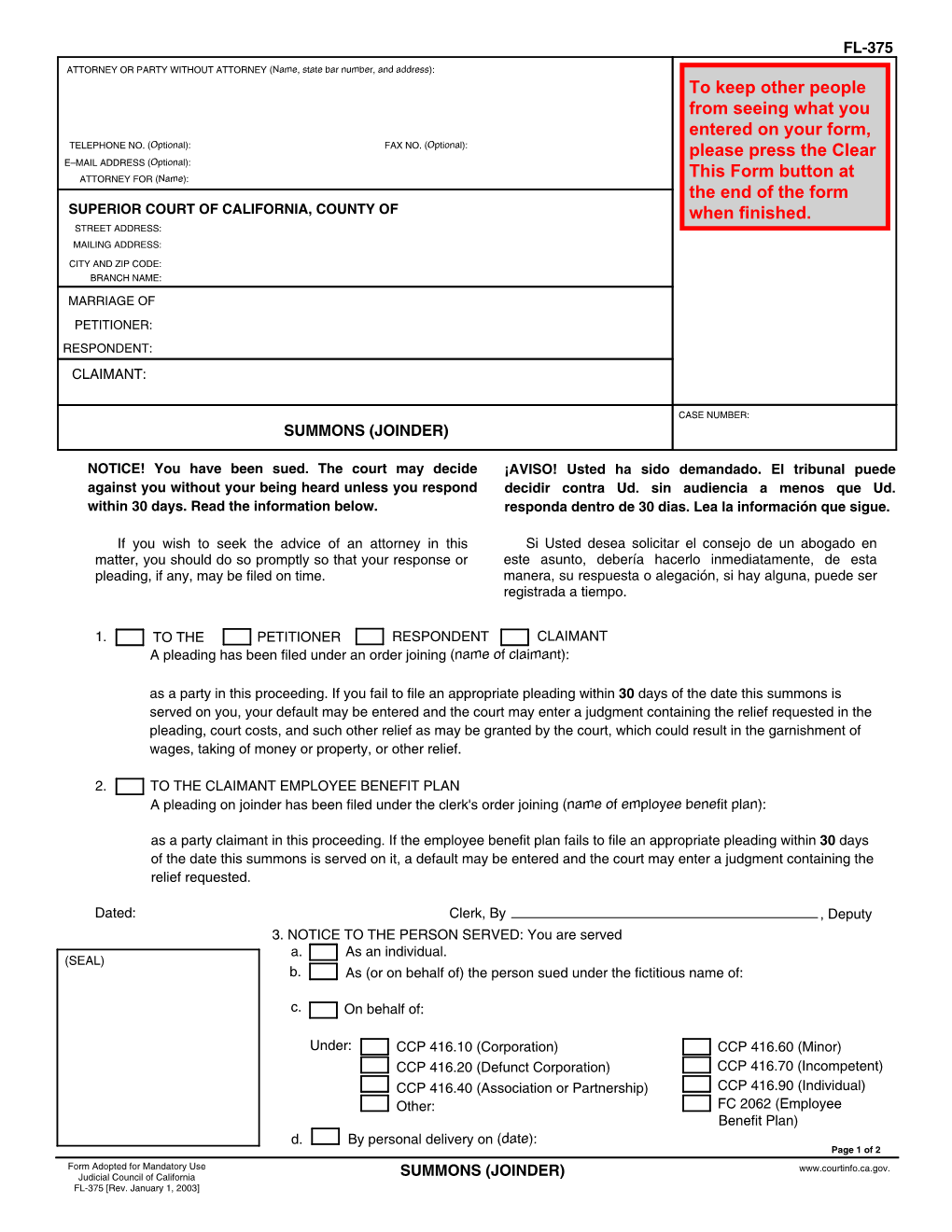 Fl-375 Summons (Joinder)