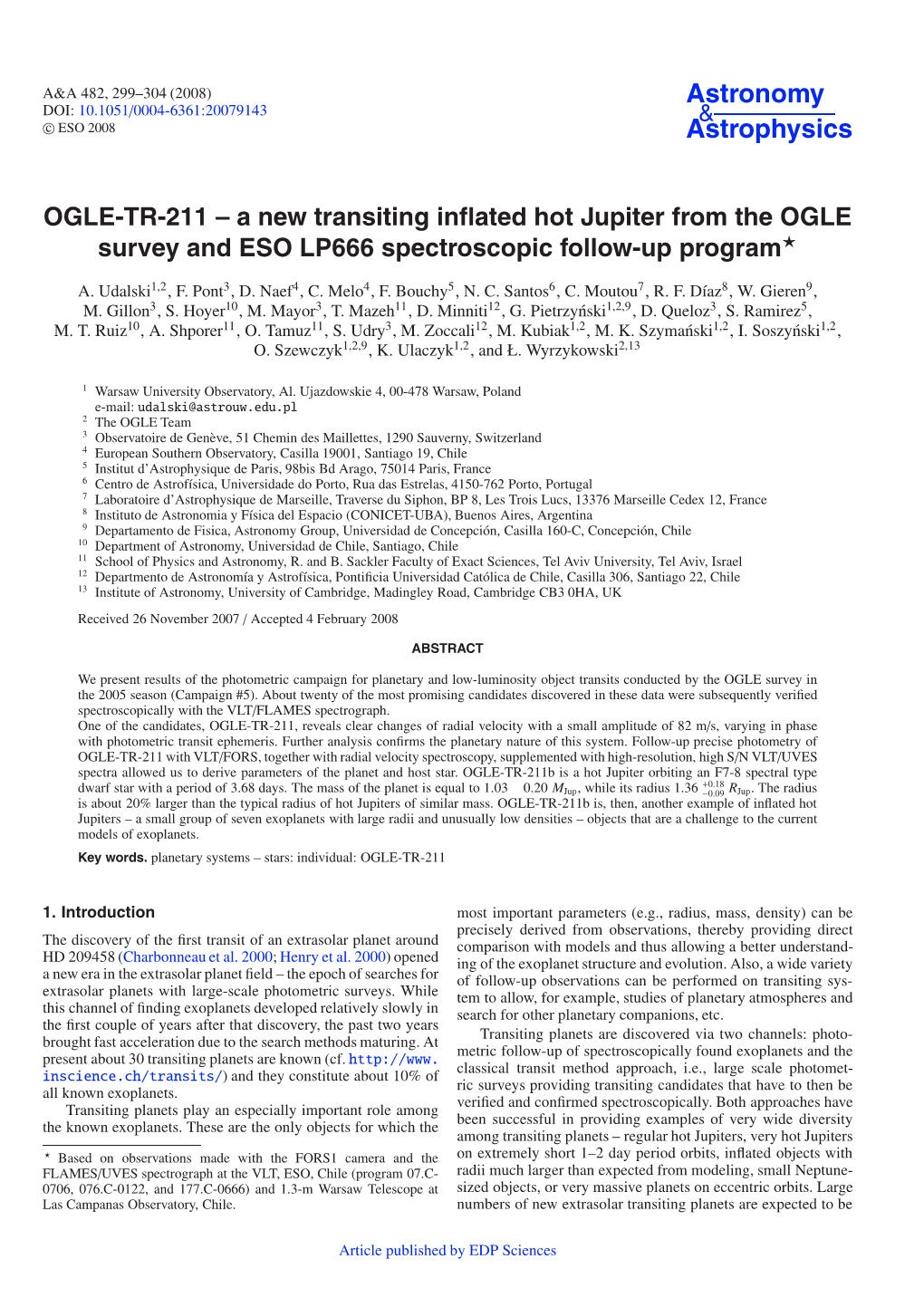 OGLE-TR-211 – a New Transiting Inﬂated Hot Jupiter from the OGLE Survey and ESO LP666 Spectroscopic Follow-Up Program