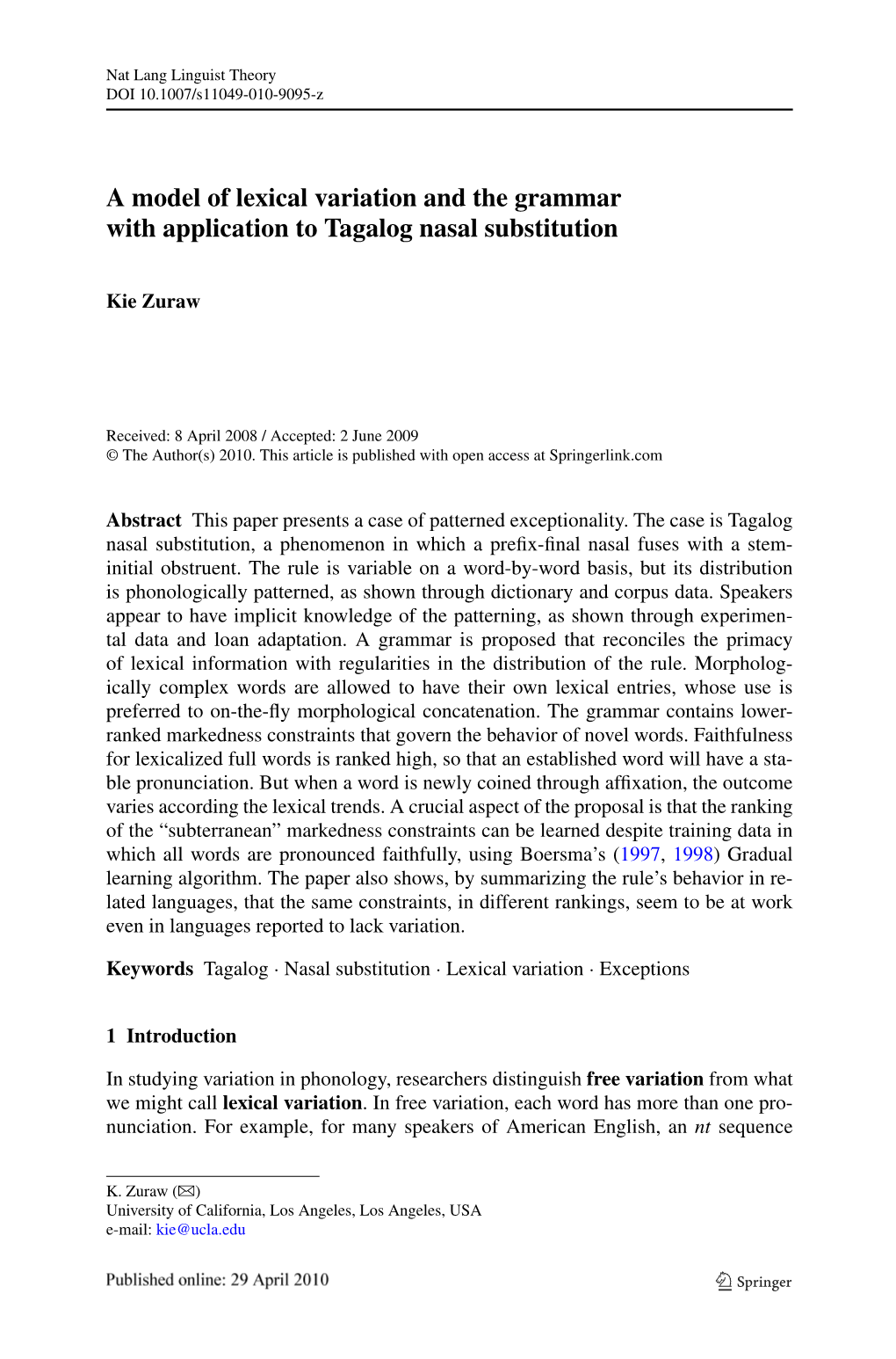 A Model of Lexical Variation and the Grammar with Application to Tagalog Nasal Substitution