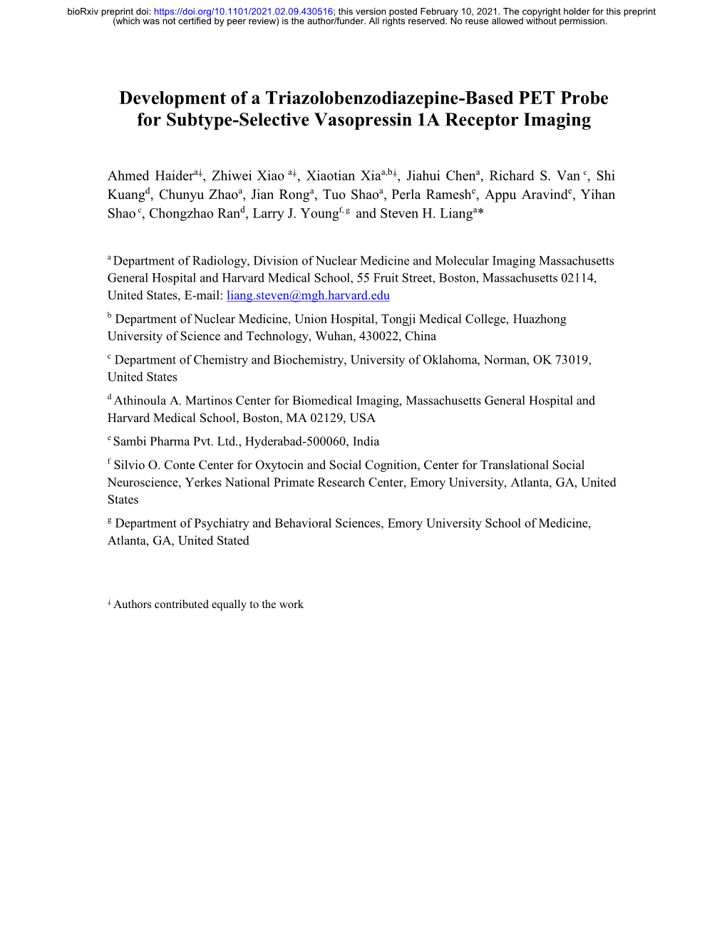 Development of a Triazolobenzodiazepine-Based PET Probe for Subtype-Selective Vasopressin 1A Receptor Imaging