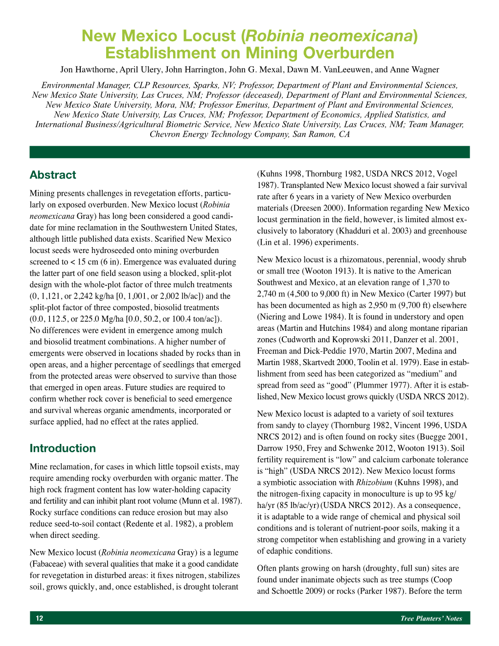 New Mexico Locust (Robinia Neomexicana) Establishment on Mining Overburden Jon Hawthorne, April Ulery, John Harrington, John G