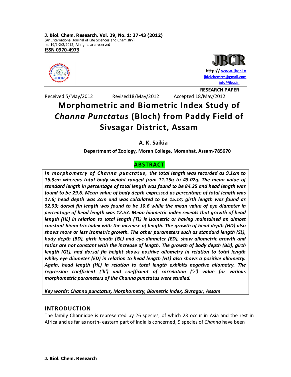 Morphometric and Biometric Index Study of Channa Punctatus (Bloch) from Paddy Field of Sivsagar District, Assam