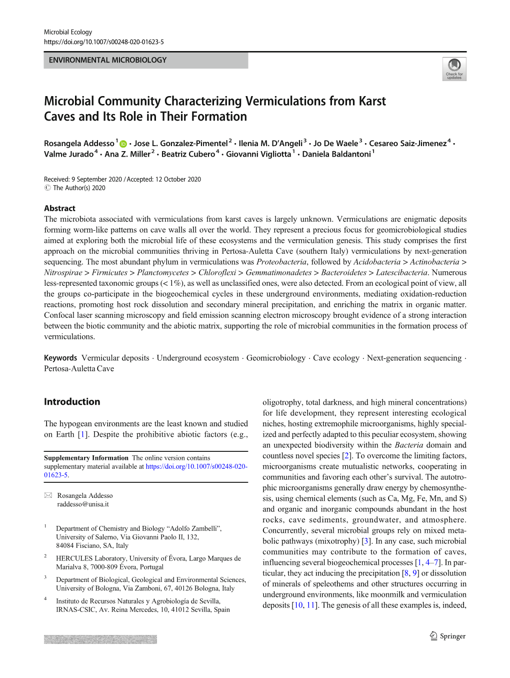 Microbial Community Characterizing Vermiculations from Karst Caves and Its Role in Their Formation