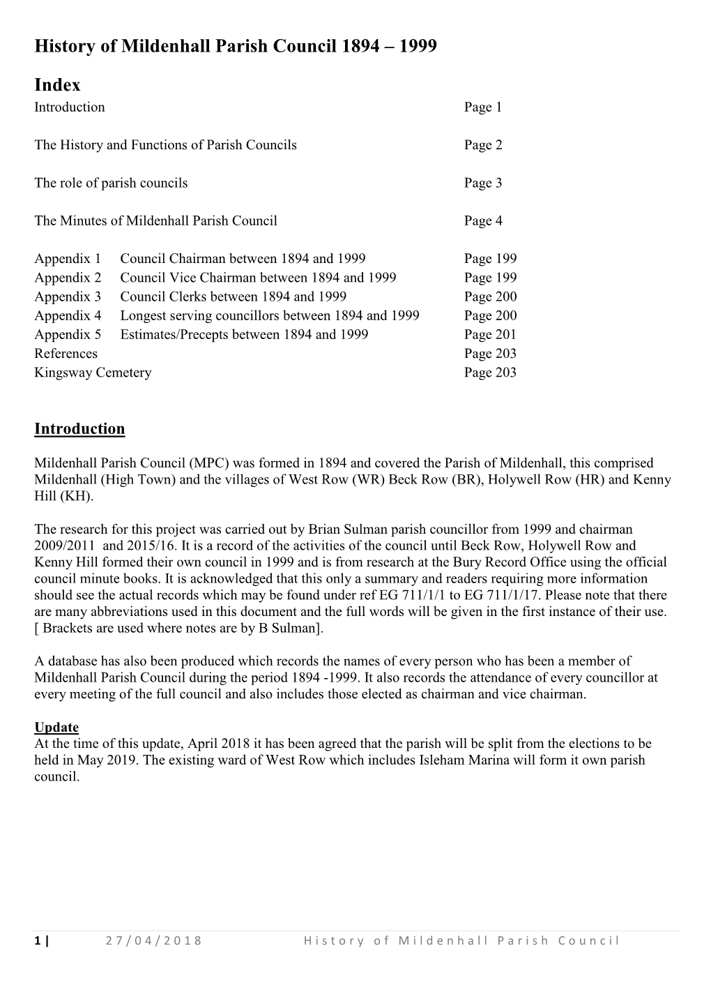 History of Mildenhall Parish Council 1894 – 1999 Index