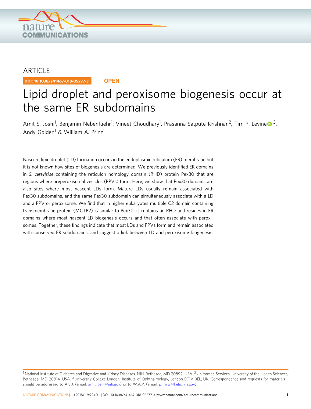 Lipid Droplet and Peroxisome Biogenesis Occur at the Same ER Subdomains