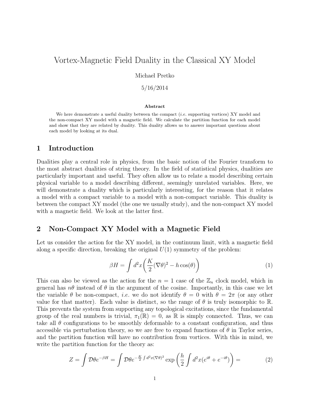Vortex-Magnetic Field Duality in the Classical XY Model