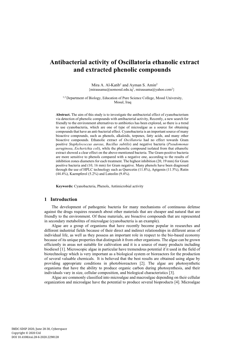 Antibacterial Activity of Oscillatoria Ethanolic Extract and Extracted Phenolic Compounds