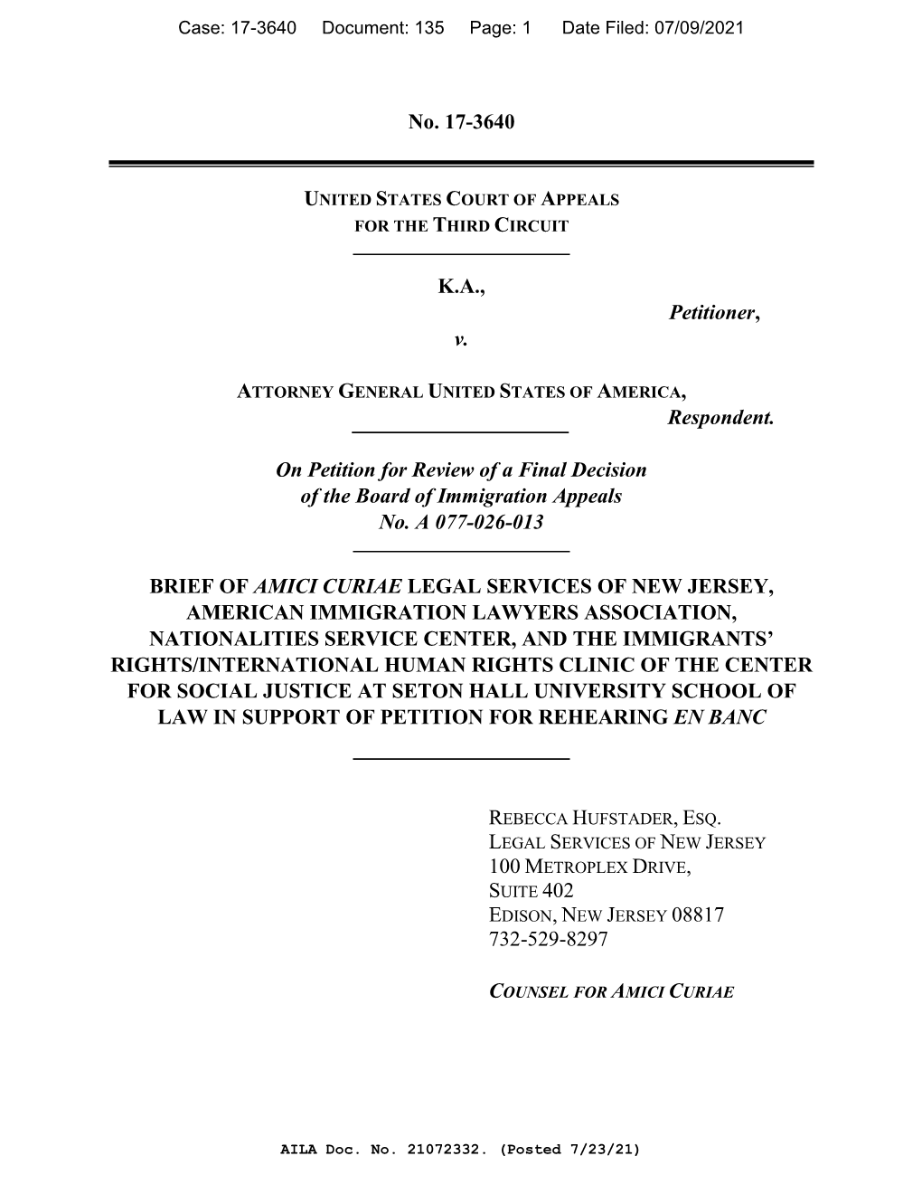 No. 17-3640 K.A., Petitioner, V. Respondent. on Petition for Review