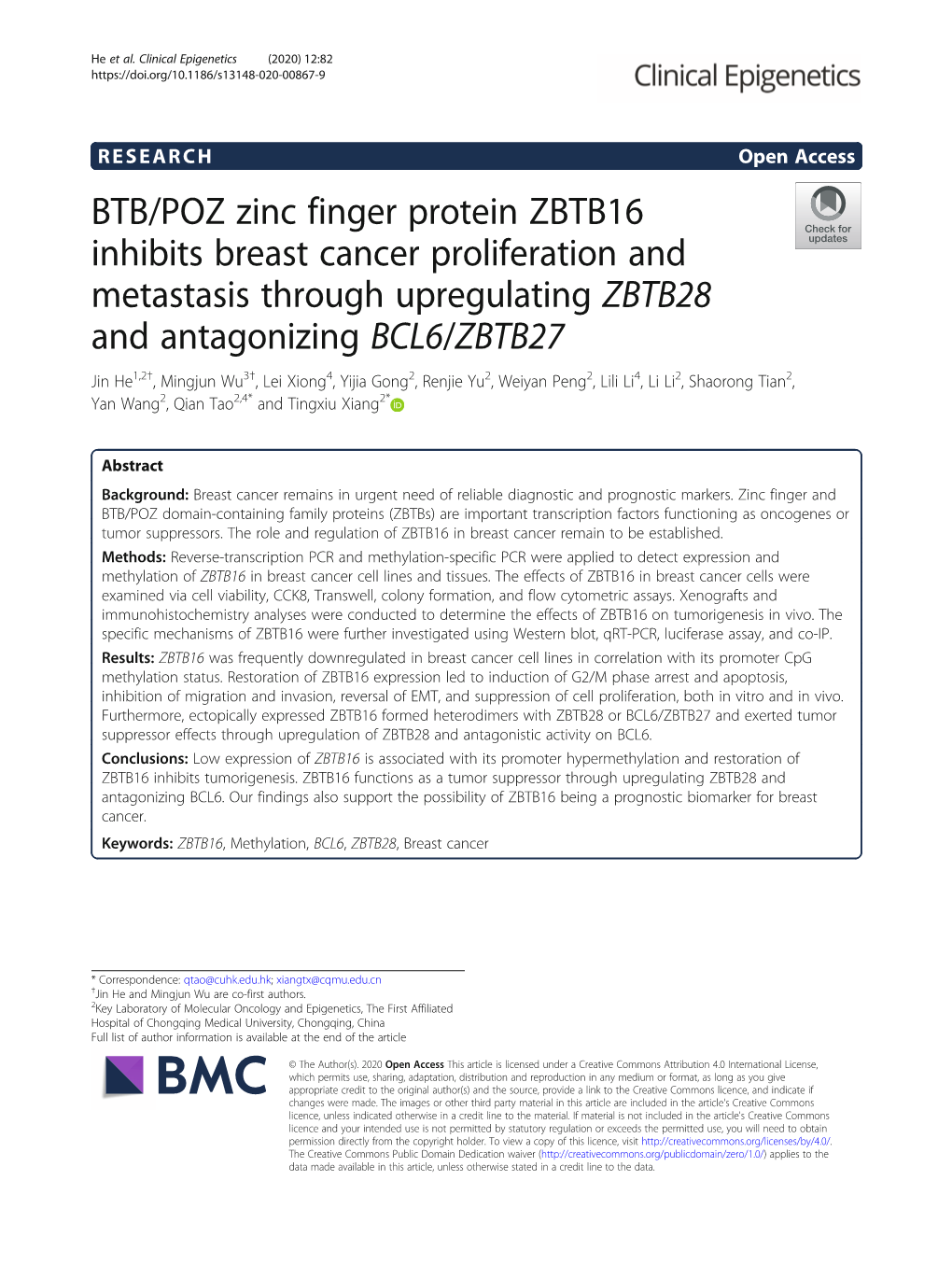 BTB/POZ Zinc Finger Protein ZBTB16 Inhibits Breast Cancer Proliferation