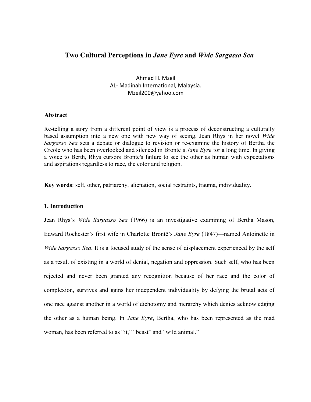 Two Cultural Perceptions in Jane Eyre and Wide Sargasso Sea