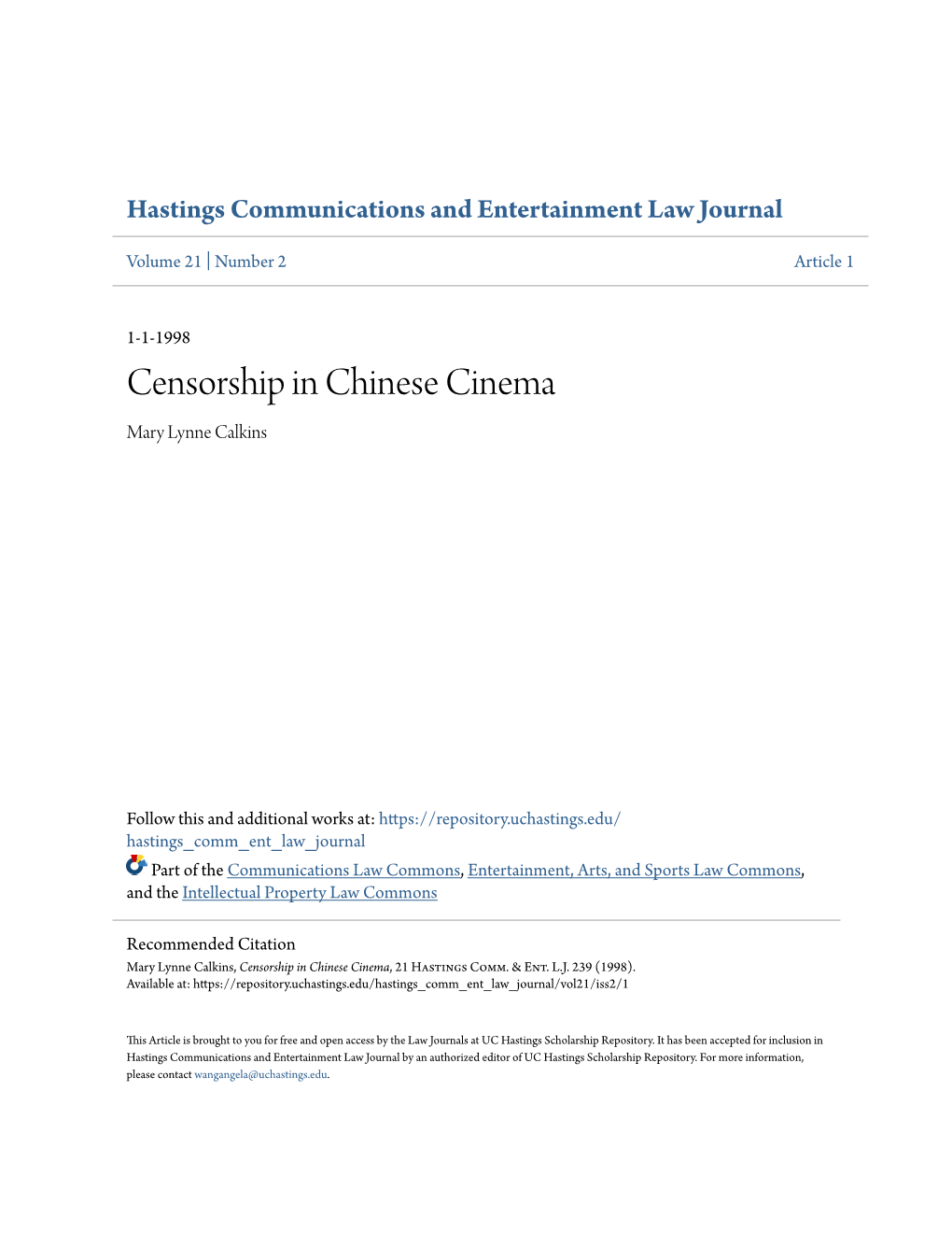 Censorship in Chinese Cinema Mary Lynne Calkins