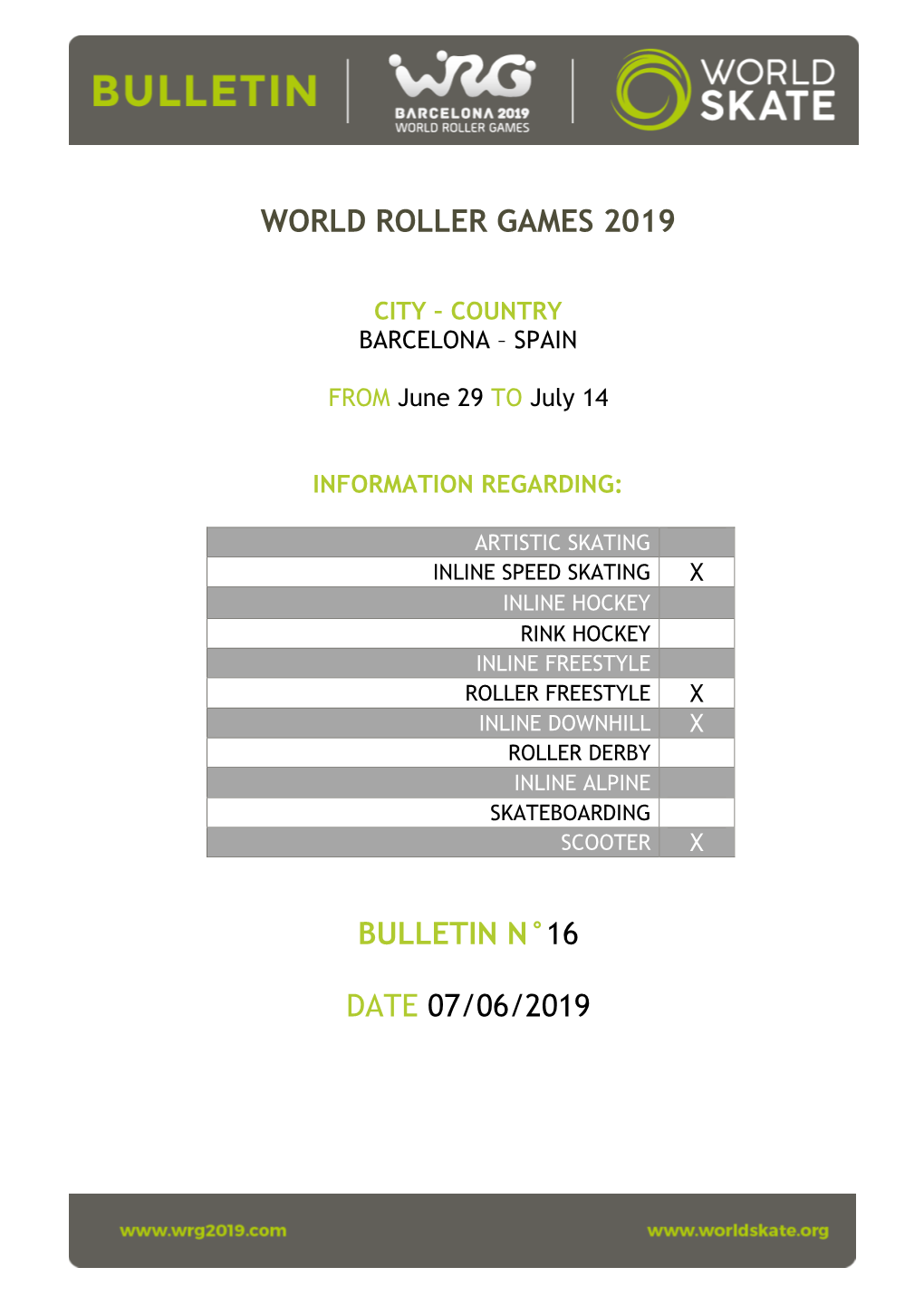 World Roller Games 2019 Bulletin N°16 Date 07/06/2019