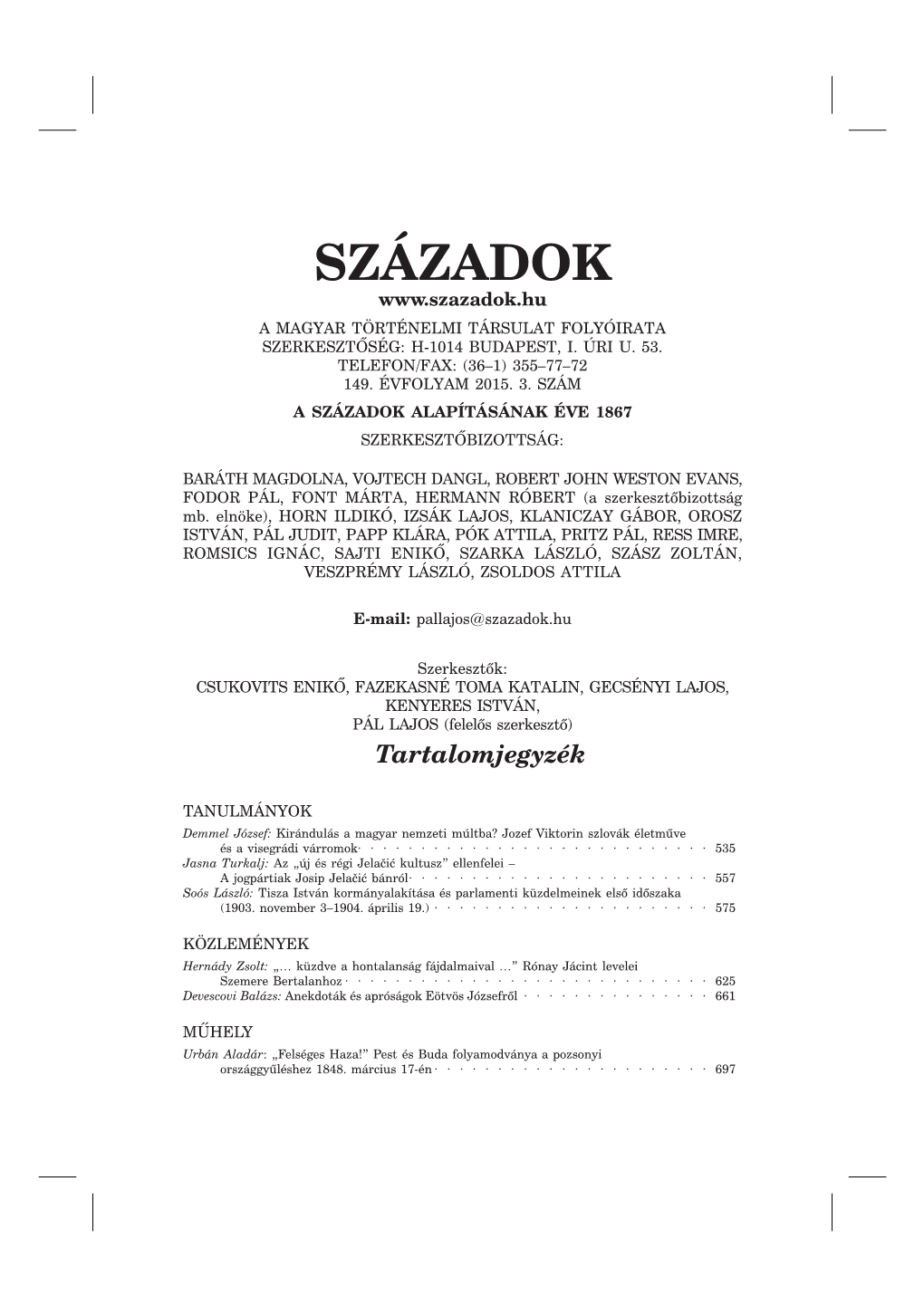 Századok 149. Évf. 3. Sz. (2015.)