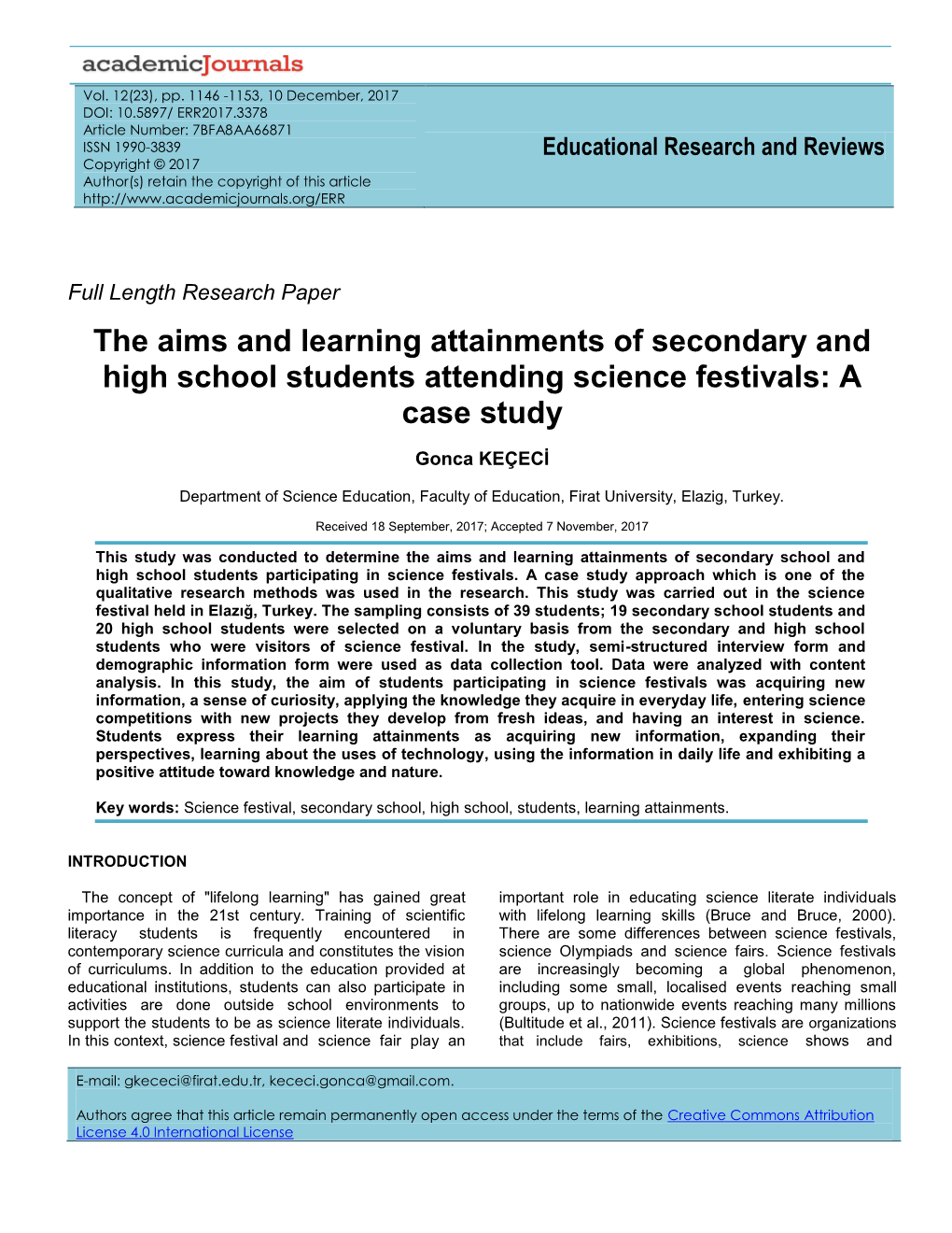 The Aims and Learning Attainments of Secondary and High School Students Attending Science Festivals: a Case Study