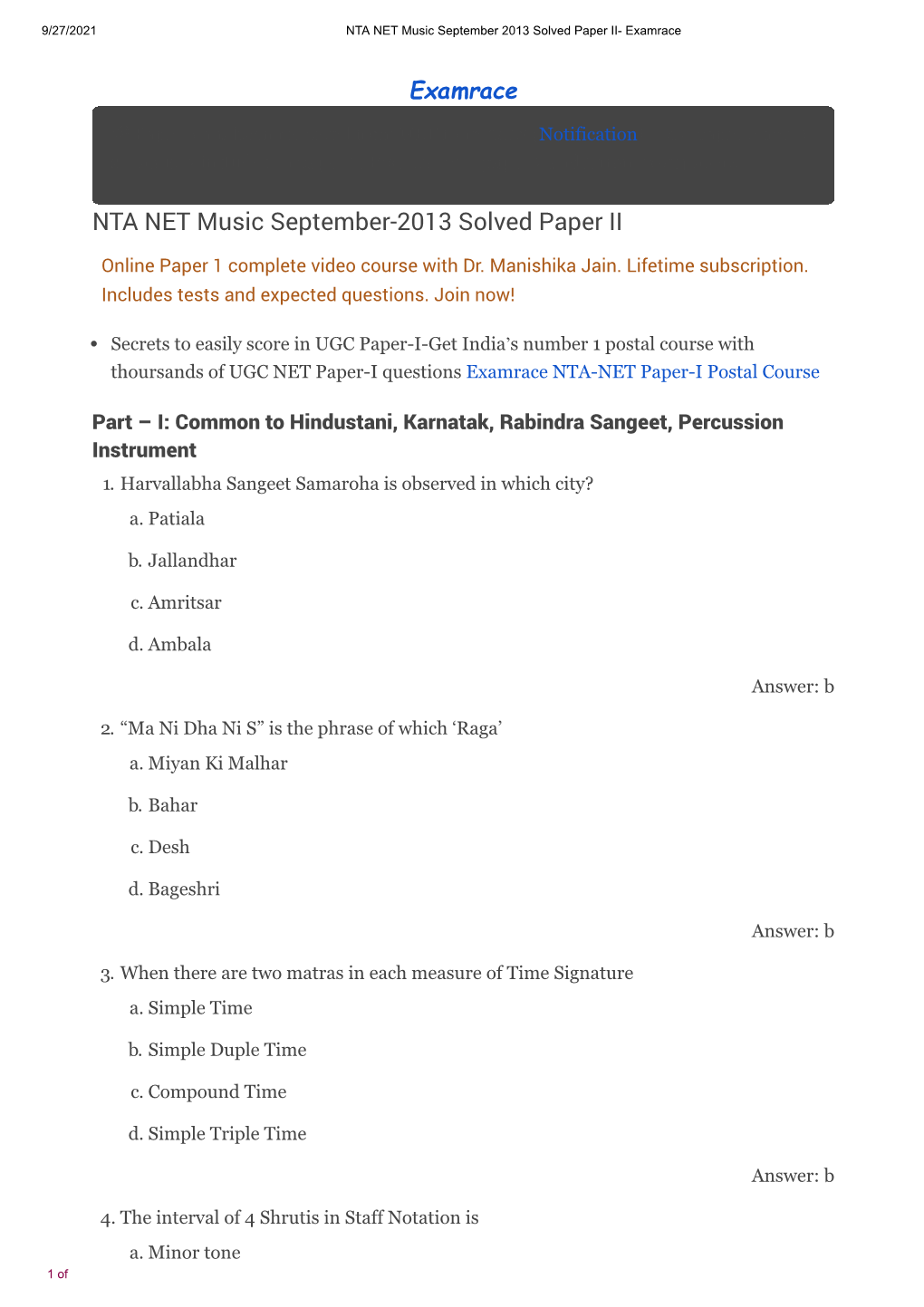 NTA NET Music September-2013 Solved Paper II