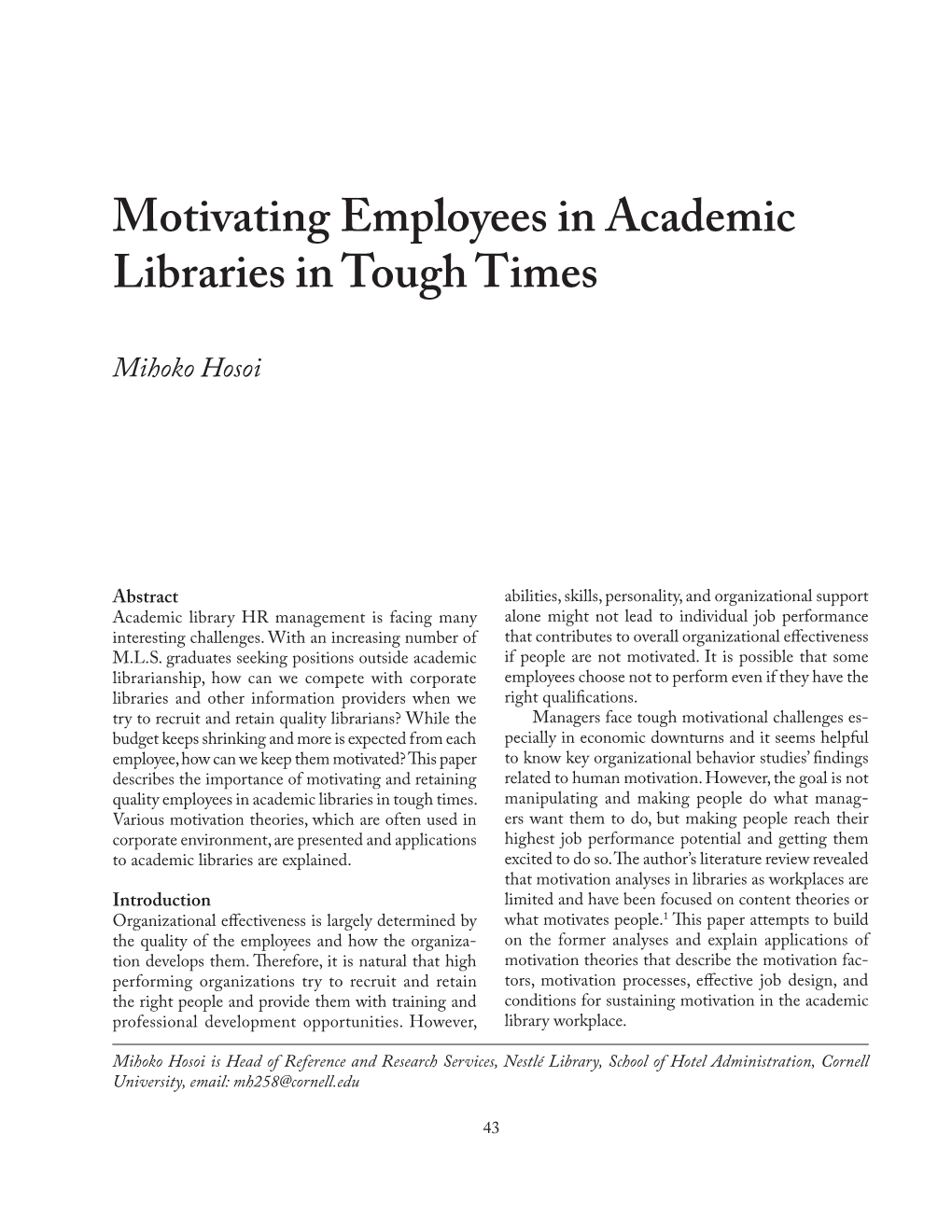 Motivating Employees in Academic Libraries in Tough Times