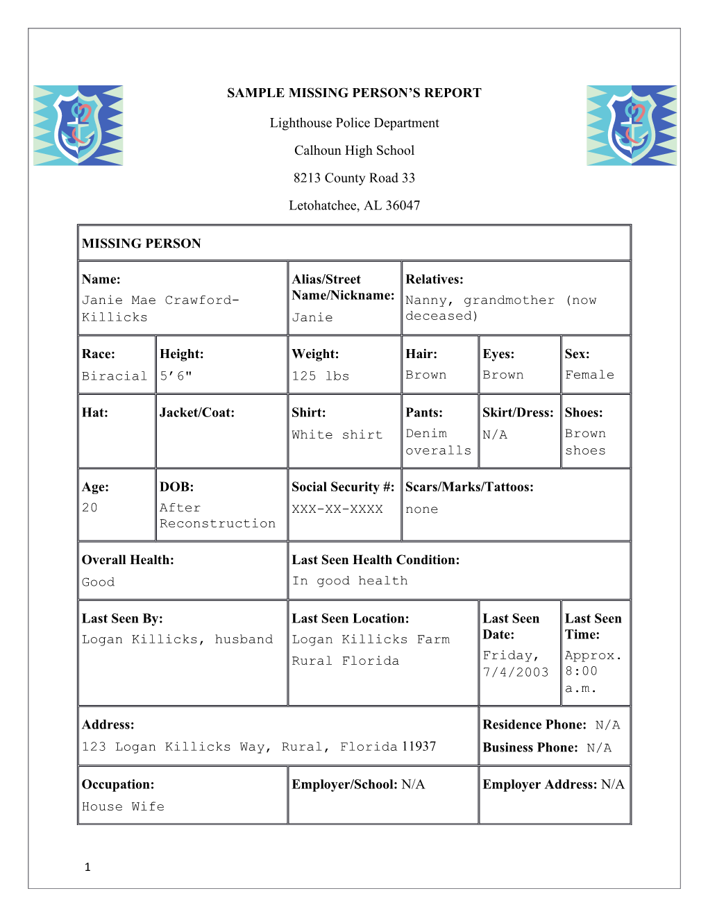 Sample Missing Person S Report