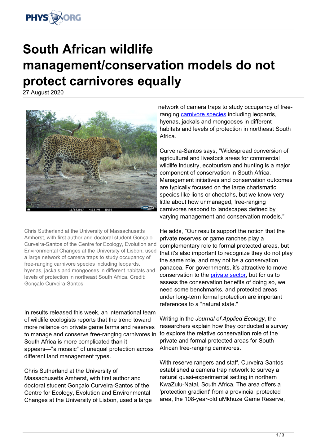 South African Wildlife Management/Conservation Models Do Not Protect Carnivores Equally 27 August 2020