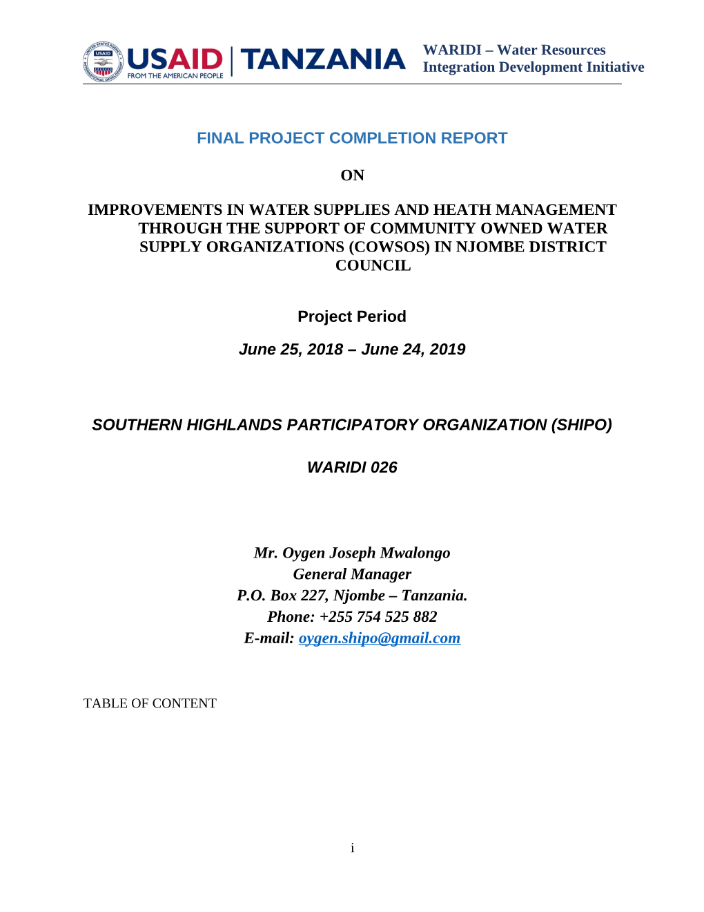 WARIDI – Project Final Completion Report SHIPO June 2019