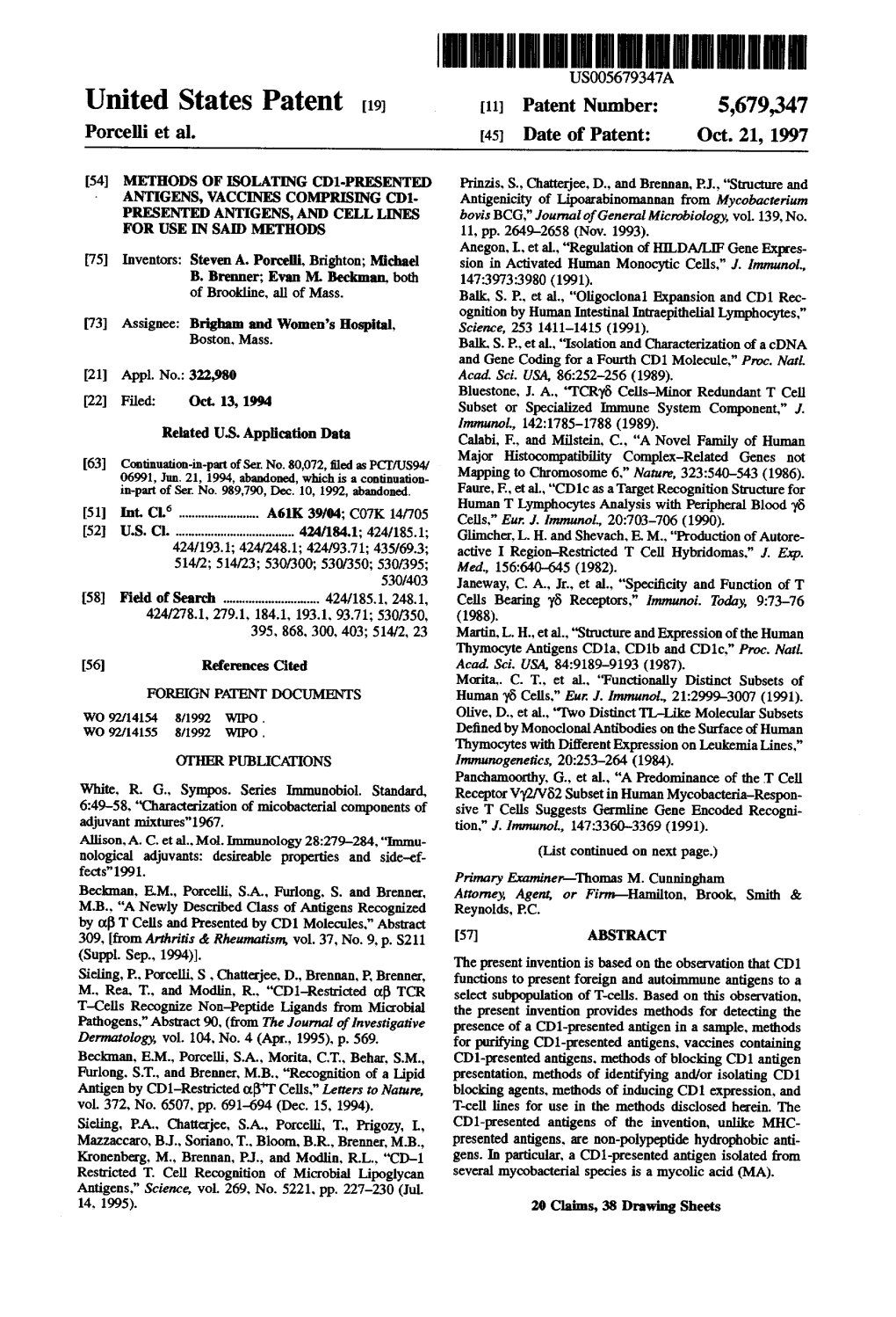 United States Patent (19) 11 Patent Number: 5,679,347 Porcelli Et Al