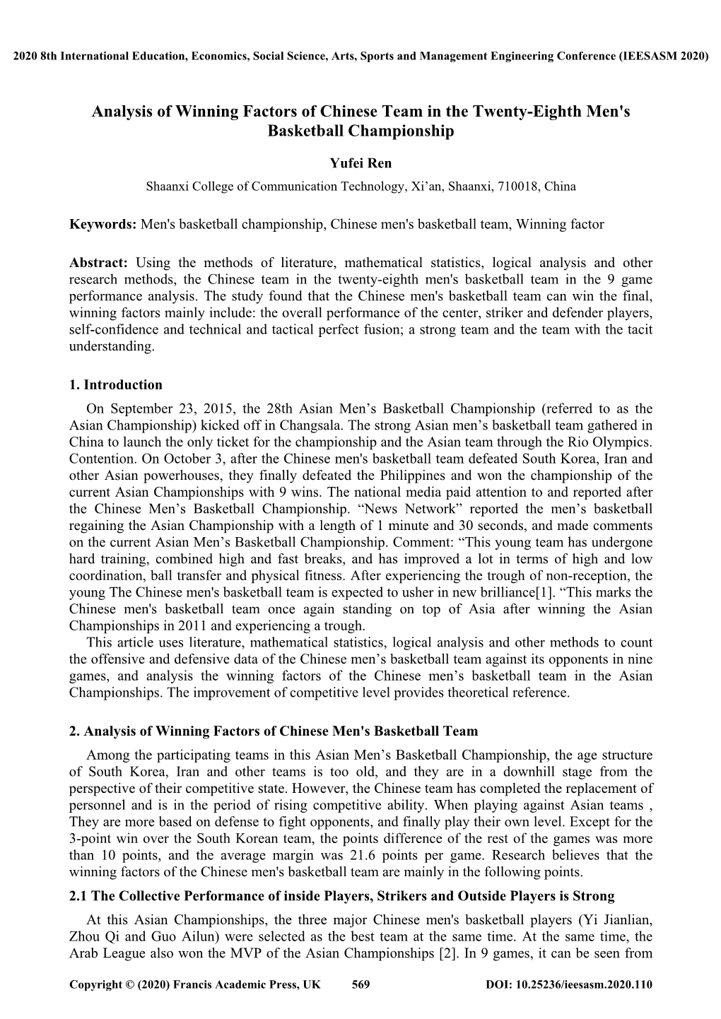 Analysis of Winning Factors of Chinese Team in the Twenty-Eighth Men's Basketball Championship