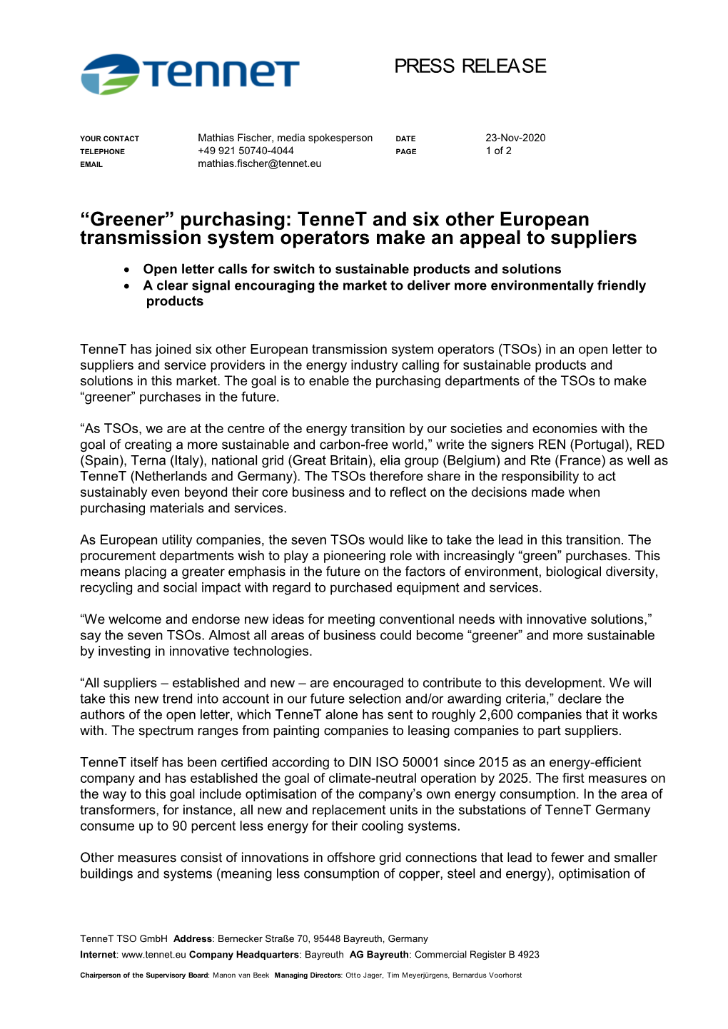 PRESS RELEASE “Greener” Purchasing: Tennet and Six Other