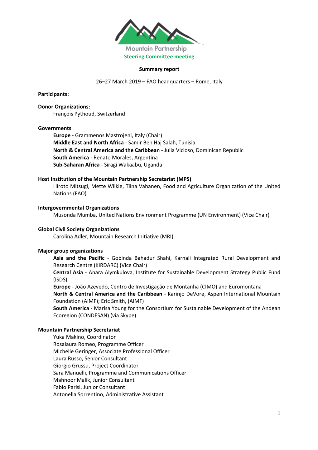 Mountain Partnership Steering Committee Summary Report