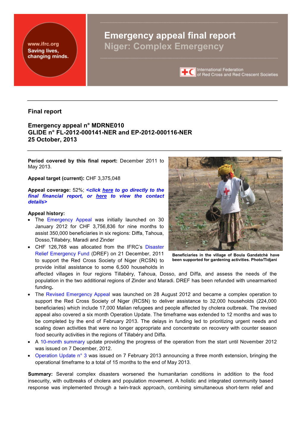 Emergency Appeal Final Report Niger: Complex Emergency