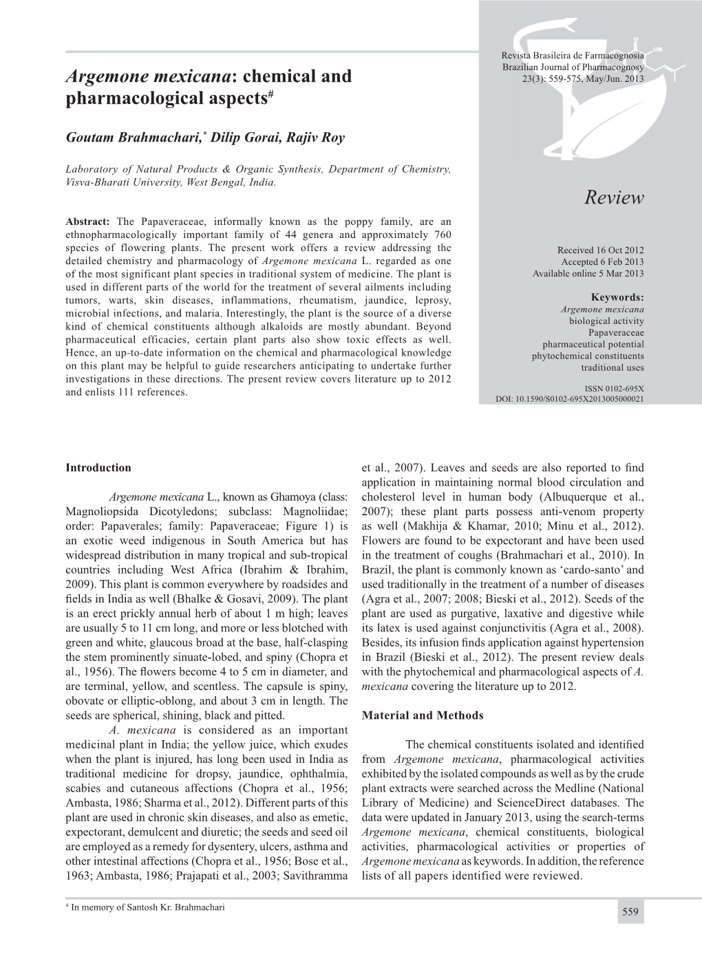 Argemone Mexicana: Chemical and Pharmacological Aspects# Goutam Brahmachari Et Al