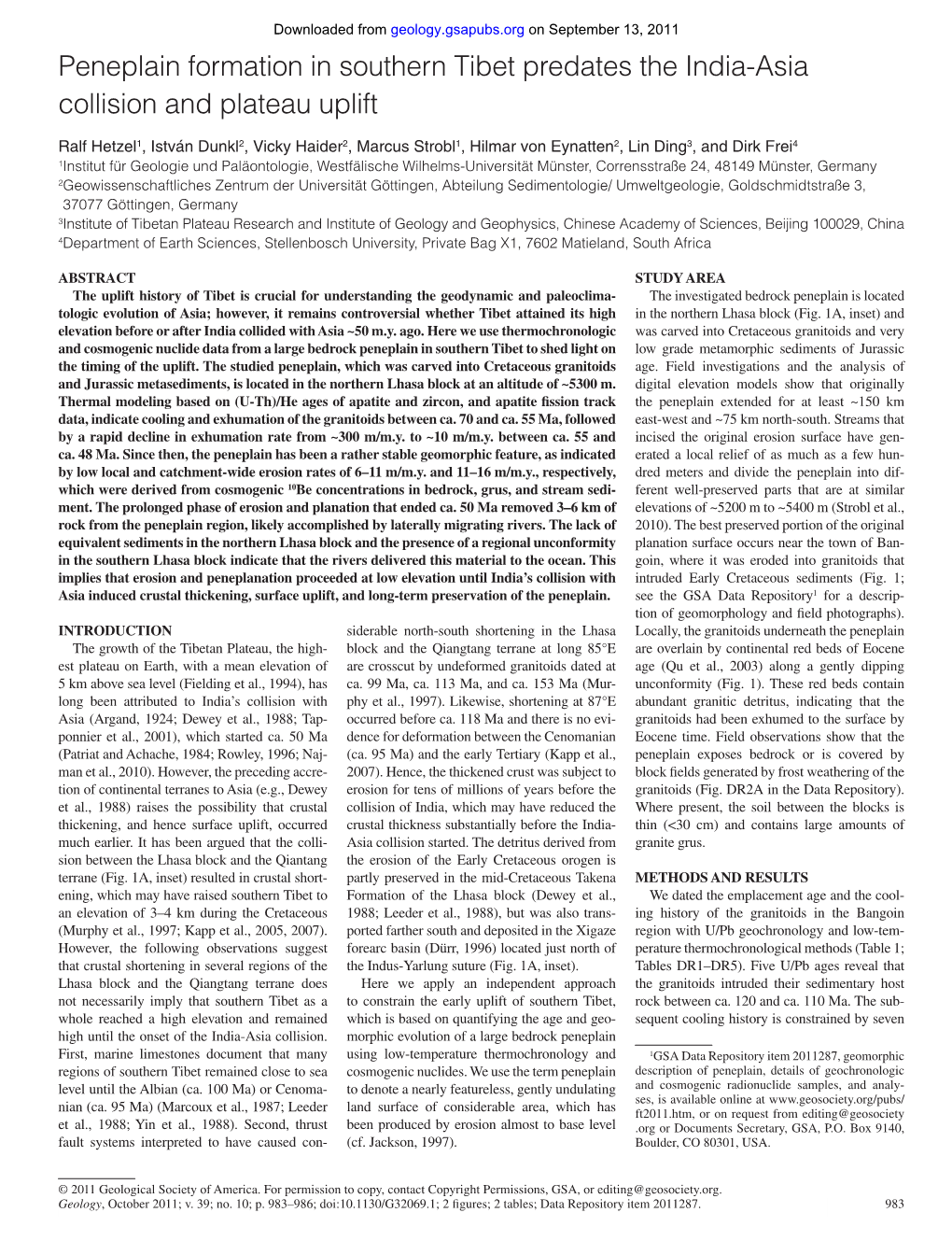 Peneplain Formation in Southern Tibet Predates the India-Asia Collision and Plateau Uplift