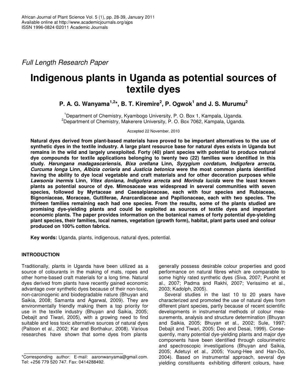 Indigenous Plants in Uganda As Potential Sources of Textile Dyes