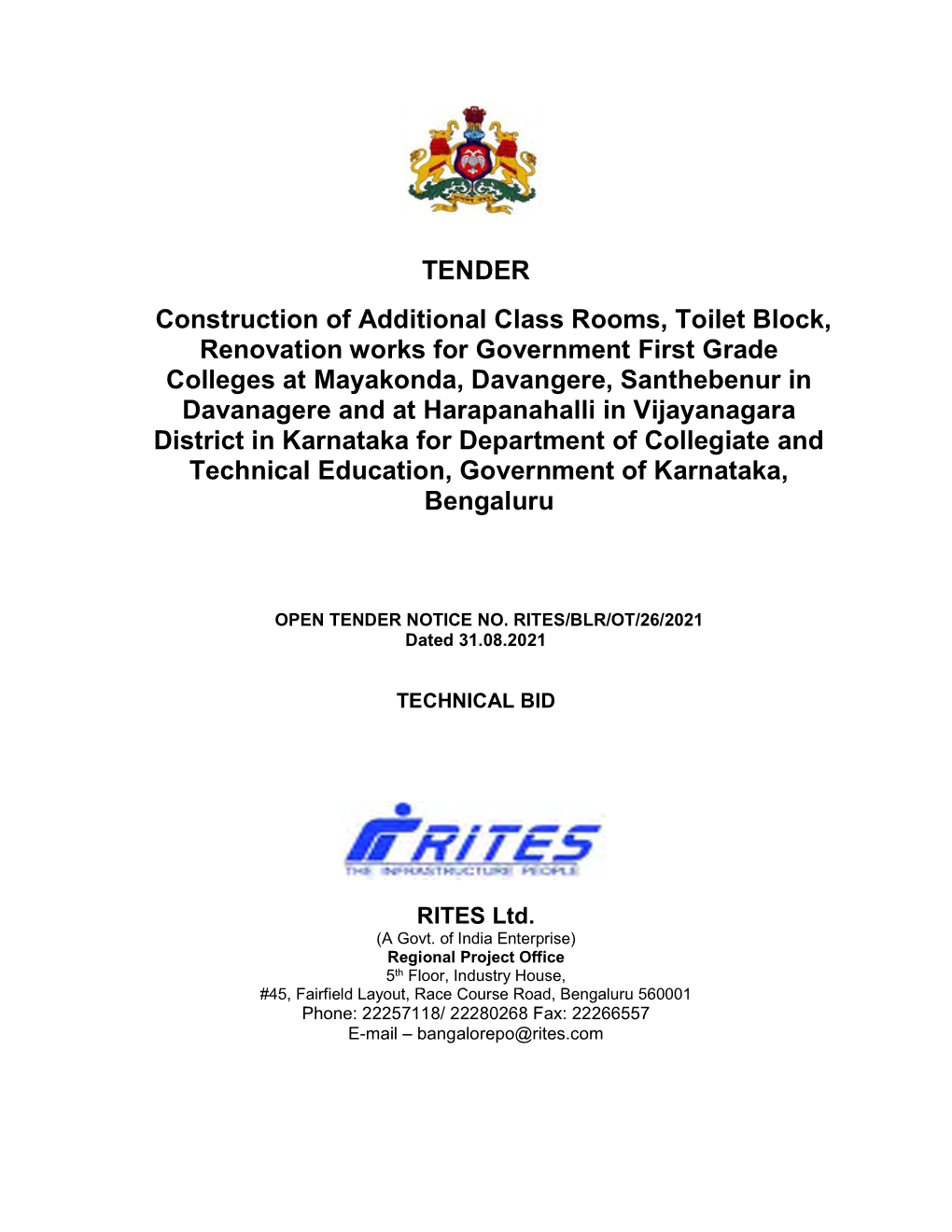 TENDER Construction of Additional Class Rooms, Toilet Block