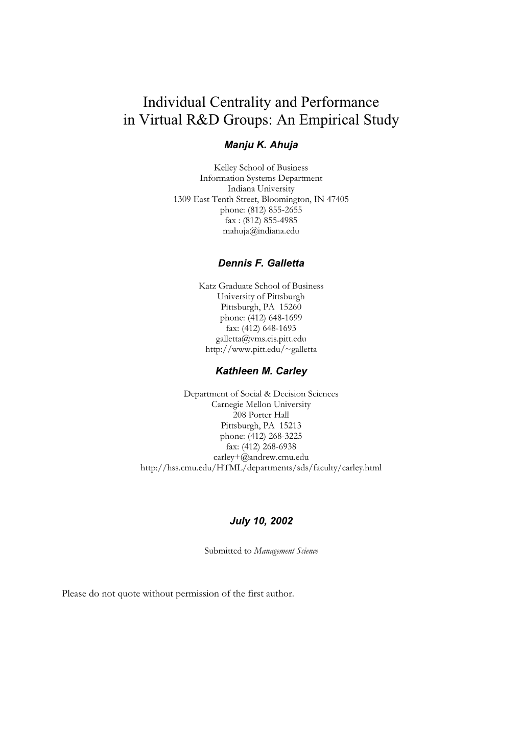 Individual Centrality and Performance in Virtual R&D Groups: An