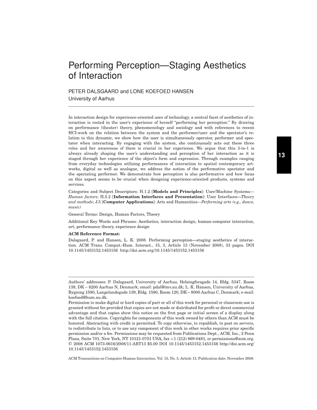 Performing Perception—Staging Aesthetics of Interaction